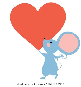 Vector character mouse holding a big heart. Flat illustration isolated on white background.