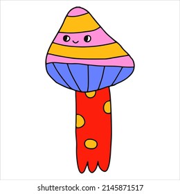 vector character - a mushroom with a face.Psychedelic kid core fungus character 70s and 80s. Logo for an organic company, florist, garden, farm. Tattoo template. Sweet funky groovy nerd.
