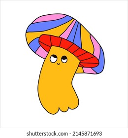 vector character - a mushroom with a face.Psychedelic kid core fungus character 70s and 80s. Logo for an organic company, florist, garden, farm. Tattoo template. Sweet funky groovy nerd.