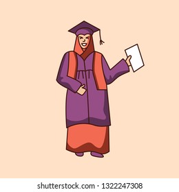 Vector character of a muslim female student in graduation gown. Flat style illustration 