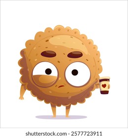 Vector character of nervous cookie with a glass of coffee in hand.