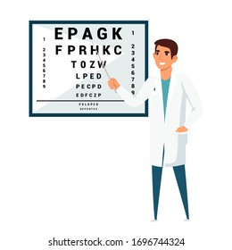 Vector character of ophthalmologist checks patient’s vision in optical eye test. Cartoon flat design isolated on white background. Medical treatment in hospital or clinic, healthcare Concept