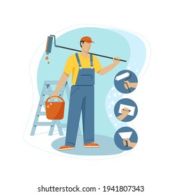 Vector character - a painter, with a bucket of paint and a paint roller. Professional repairman in overalls on the background of apartment renovation. Flat - style illustration.