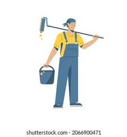 Vector character - a painter, with a bucket of paint and a paint roller. Professional repairman in overalls on the background of apartment renovation.