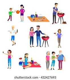 Vector character people on Family picnic or Bbq party. Food and barbeque, summer and grill