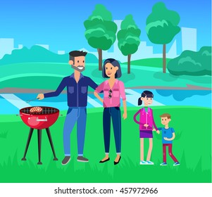 Vector character people on Family picnic or Bbq party. Chef men cooking steaks on grill