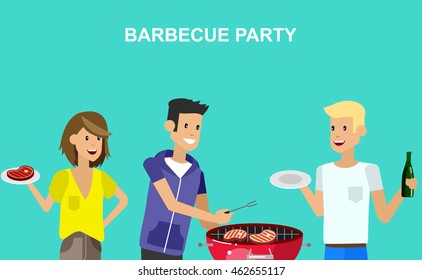 Vector character people on picnic or Bbq party. Food and barbeque. Chef men cooking steaks on grill.