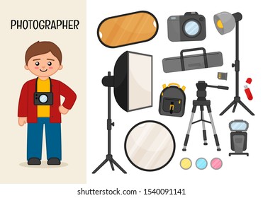 Vector character photographer. Illustrations of photographer equipment. Set of cartoon professions.