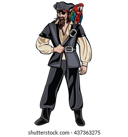 Vector character pirate with a parrot. Illustration.