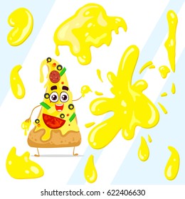 Vector character of pizza. Toss with cheese in glass. Isolated on white background.
