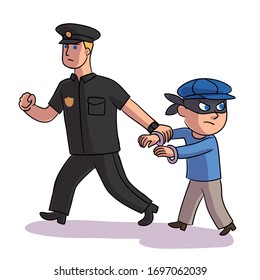 Vector character police officer detained teenage masked bully. Strong cop arrests angry criminal, thief or robber. Law and order, problem children and adolescents, work with difficult children concept