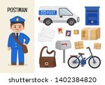 Vector character postman. Illustrations of postman equipment. Set of cartoon professions.