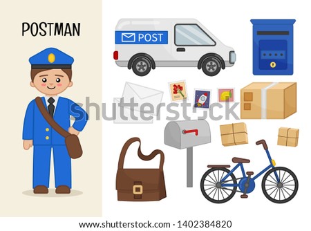 Vector character postman. Illustrations of postman equipment. Set of cartoon professions.