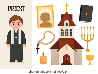 Vector character Priest. Illustrations of church icons. Set of cartoon professions.