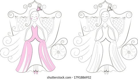 Carácter vector. Orgullosa princesa sobre el fondo de un carro.