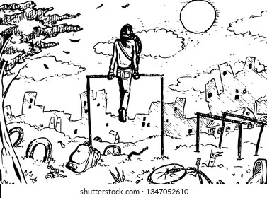 Vector character pulls up on the horizontal bar in gas mask surrounded by a polluted background