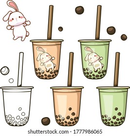 Vector character rabbit cartoon.  Bubble milk tea and green tea with white rabbit cartoon illustration. Design for used to decorate publications, card, flyers, banners, animation, and more.