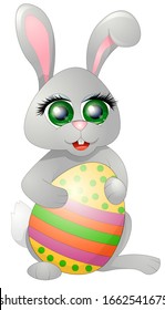 Vector character rabbit. Easter rabbit with egg. Cartoon character with big cute eyes and symbol of easter