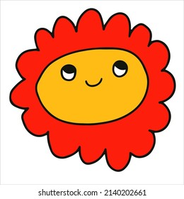 Vektorfigur - eine rote Blume mit einem Gesicht. Psychedelischer Kinderkern der 70er und 80er Jahre. Logo für ein Bio-Unternehmen, Florist, Garten, Bauernhof. Tattoo-Vorlage. Kamillenlogotype-Aufkleber