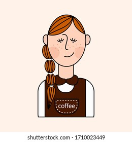 vector character - red-haired girl with freckles. Barista girl in uniform with the inscription  " coffee "