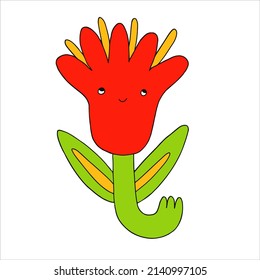 vector character - a retro flower with a face.Psychedelic kid core 70s and 80s.Logo for an organic company, florist, garden, farm. Tattoo template.Quirky isolated floral logotype sticker.Childish dude