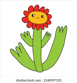 vector character - a retro flower with a face.Psychedelic kid core 70s and 80s.Logo for an organic company, florist, garden, farm. Tattoo template.Quirky isolated floral logotype sticker.Childish dude