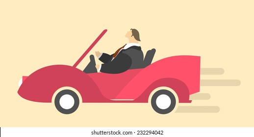 Vector character rides in the car on a light background