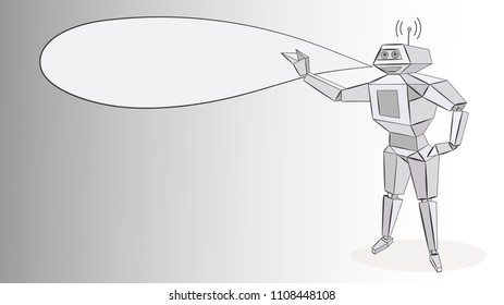 Vector character of a robot android artificial intelligence speaks and shows on a cloud a bubble place for writing on a gray background isolate