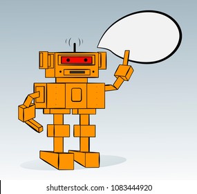 Vector character robot android yellow with red cartoon eyes showing up with finger and warns against light blue background isolates