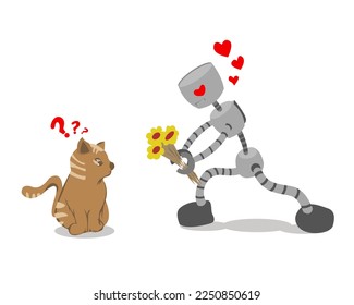 carácter vector de un robot que lleva una flor. gato confuso. ilustración vectorial sobre fondo blanco. archivo eps 10