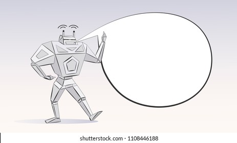 Vector character a robot speaks and points to a cloud for writing on a gray background isolate