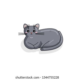 Vector Character of Russian Blue Cat in Kawaii Style. Cute Cartoon Kitty Character. Funny Kitten isolated on White Background. Sticker of Kawaii Animal, Pet. Flat design. Usable for Children's Book