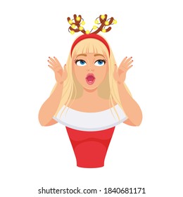Vector character Santa girl expressing surprise, shock. Illustration, sticker, emotions