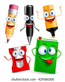 Vector character of school items funny mascot 3D set with gestures and facial expressions isolated in white background. Vector illustration
