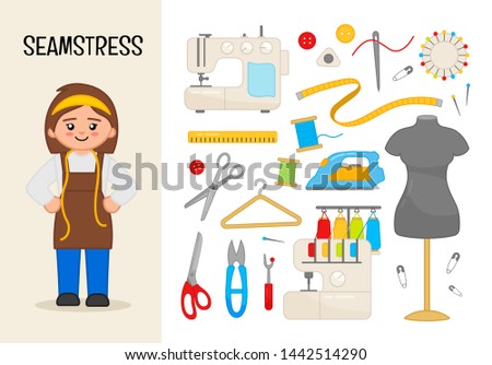 Vector character seamstress. Illustrations of sewing equipment. Set of cartoon professions.