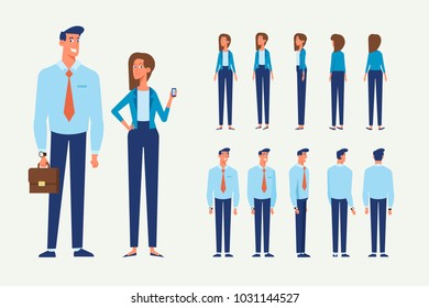 Vector character set for animation.  Business people - man and woman. Front, side, back view animated characters. 