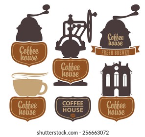 vector character set with coffee house with a coffee grinder