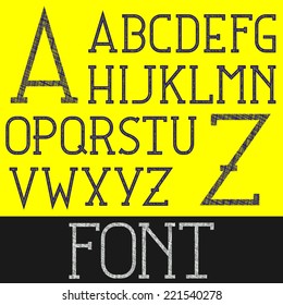 Vector character set, handmade alphabet serif font. Latin letters of the alphabet with grunge chiaroscuro texture, typeface, typography