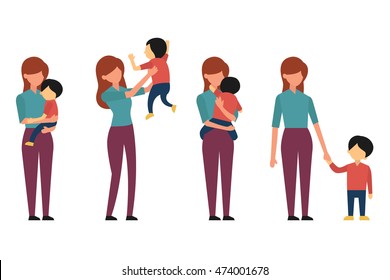 Vector character set of mother and her kid, playing, hugging, rising child in the air, and walking together. Flat and simple design, full length. 