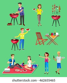 Vector character set, people on Family picnic or Bbq party. Food and barbeque, summer and grill