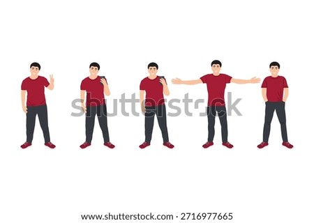 Vector character set of a young man in casual outfit with multiple poses and gestures
