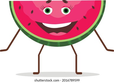 Vector character from a slice of cheerful red watermelon. Flat design for web, site, banner, card, poster, invitation.