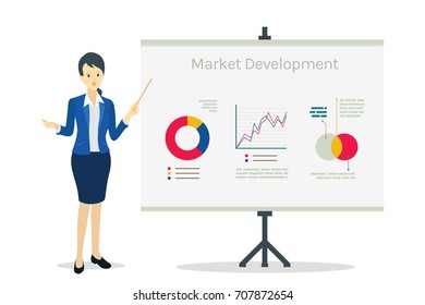 Vector character of smile businesswoman presenting with visual whiteboard, in presentation concept. Sample text and copyspace for your text and design. Flat design, isolated on white.