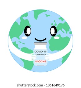 Vector - Character Lächelwelt mit einer Flasche Impfstoff gegen Coronavirus (Covid-19). Symbol, Objekt. Sondergeschenk für jeden. Gesundheitswesen, Medizinisches Konzept.