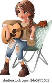 Vector character of a smiling girl sitting on a chair with a guitar. Happy country guitarist