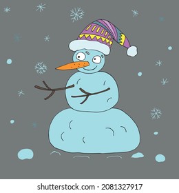 Hombre de nieve con personaje vector. Un muñeco de nieve divertido captura copos de nieve. Hombre de nieve con bufanda y sombrero rosados. El muñeco de nieve tiene la nariz de zanahoria. Aislado. Páginas de coloración para niños y adultos. Dibujado a mano. Caricatura.