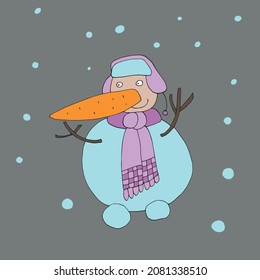Vector character snowman. A funny snowman catches snowflakes. Snowman in a pink scarf and hat. The snowman has a carrot nose. Isolated. Coloring pages for children and adults. Drawn by hand. Cartoon.