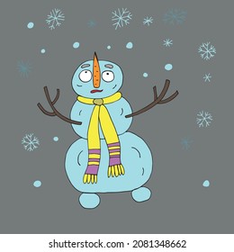 Vector character snowman. A funny snowman catches snowflakes. Snowman in a pink scarf and hat. The snowman has a carrot nose. Isolated. Coloring pages for children and adults. Drawn by hand. Cartoon.