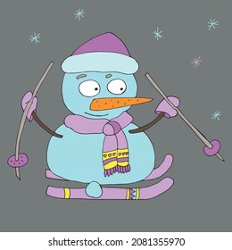 Vector character snowman. A funny snowman is skiing. Snowman in a pink scarf and hat. The snowman has a carrot nose. Isolated. Coloring pages for children and adults. Drawn by hand. Cartoon.