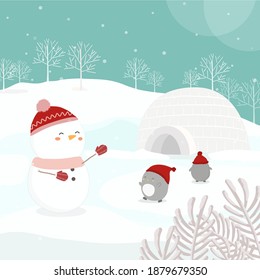 Vector character with snowman And penguins on snow